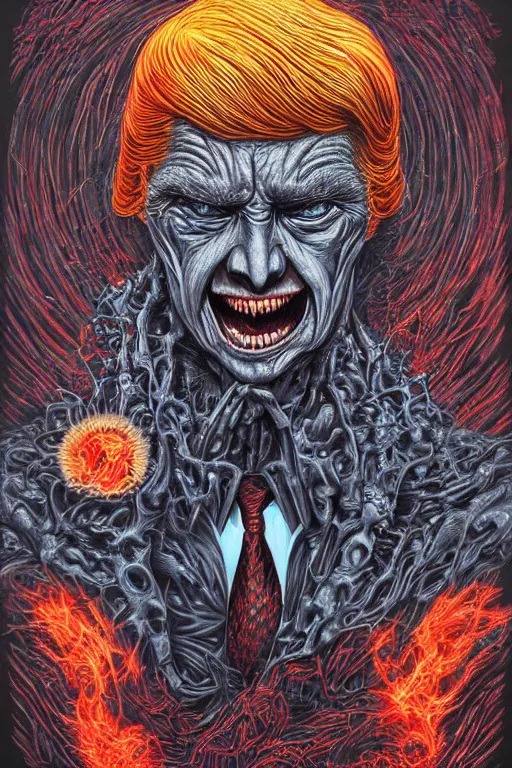 Prompt: donald trump's disgusting true form, horror, high details, intricate details, by vincent di fate, artgerm julie bell beeple, 90s, inking, vintage 90s print, screen print