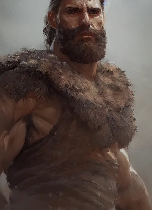 Prompt: portrait of a rugged ranger, muscular, upper body, hairy torso, D&D, fantasy, intricate, elegant, highly detailed, digital painting, artstation, concept art, smooth, sharp focus, illustration, art by greg rutkowski