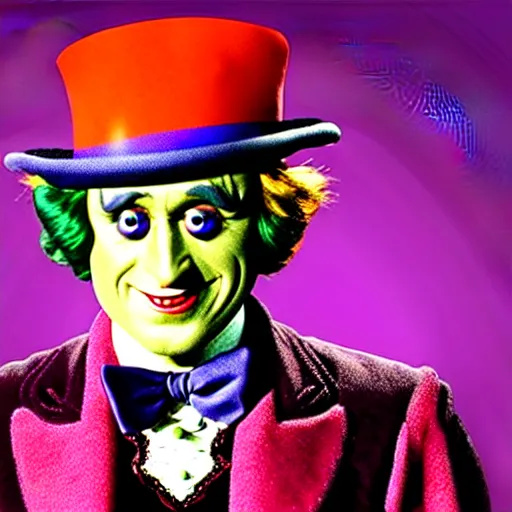 Image similar to uhd photorealistic willy wonka as an insane magician, wearing bizarre makeup, correct face, uhd hyperdetailed