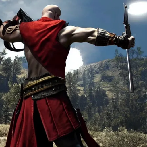 Image similar to kratos wearing hitman's suit holding double deagle