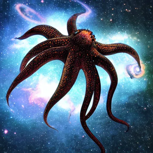 Image similar to a giant octopus god made of stars in floating among the galaxies of the milky way