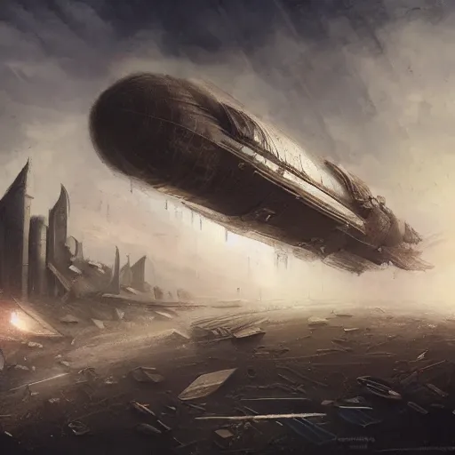 Image similar to a brutalist painting of a large steampunk airship on the ground destroyed, by charlie bowater, 4 k