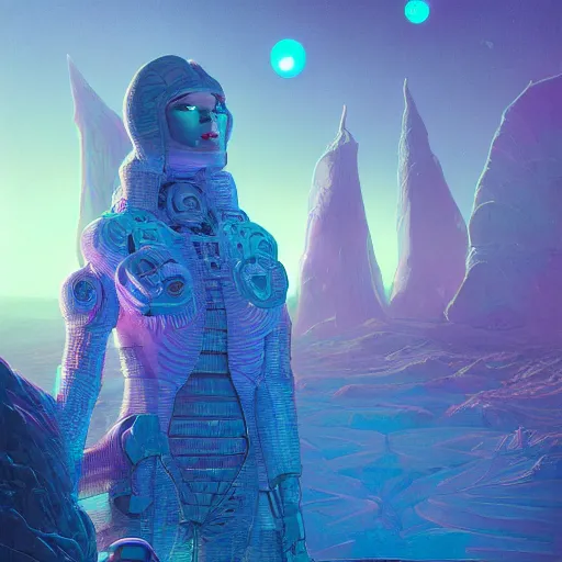 Prompt: a fantastic hyperdetailed 3 d matte painting of a female - cybernetic sorceress under the arctic moonlight, by moebius by beeple by vanessa lemen by paul lehr by dan mumford