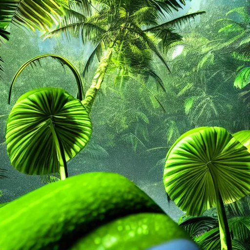 Image similar to green juice in a luscious tropical grove with neon auroras, path traced, environment, highly detailed, concept art, realistic, octane render, unreal engine, up close shot