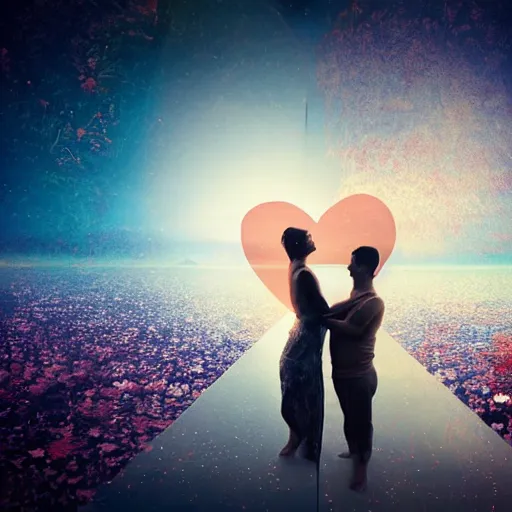 Image similar to double exposure of love, love is the most relevant theme, love is infinity, love os begin of all, 8 k resolution, artistic mode, artistic, outdoors