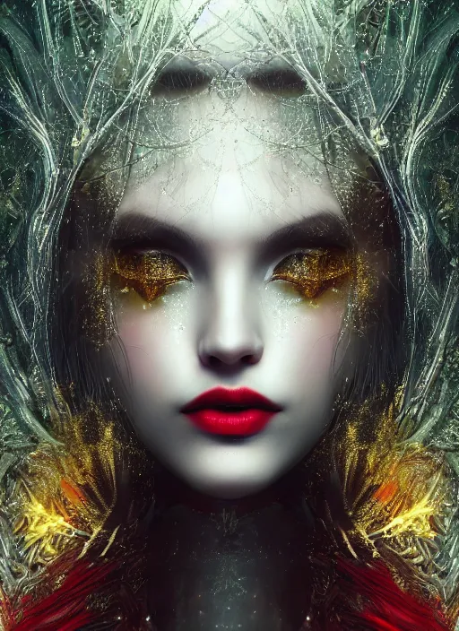 Image similar to glowing silver and golden elements, full close-up portrait, dark witch from freepik, book cover, green forest, white moon, red lips, establishing shot, extremly high detail, photo-realistic, cinematic lighting, pen and ink, intricate line drawings, by Yoshitaka Amano, Ruan Jia, Kentaro Miura, Artgerm, post processed, concept art, artstation, matte painting, style by eddie mendoza, raphael lacoste, alex ross