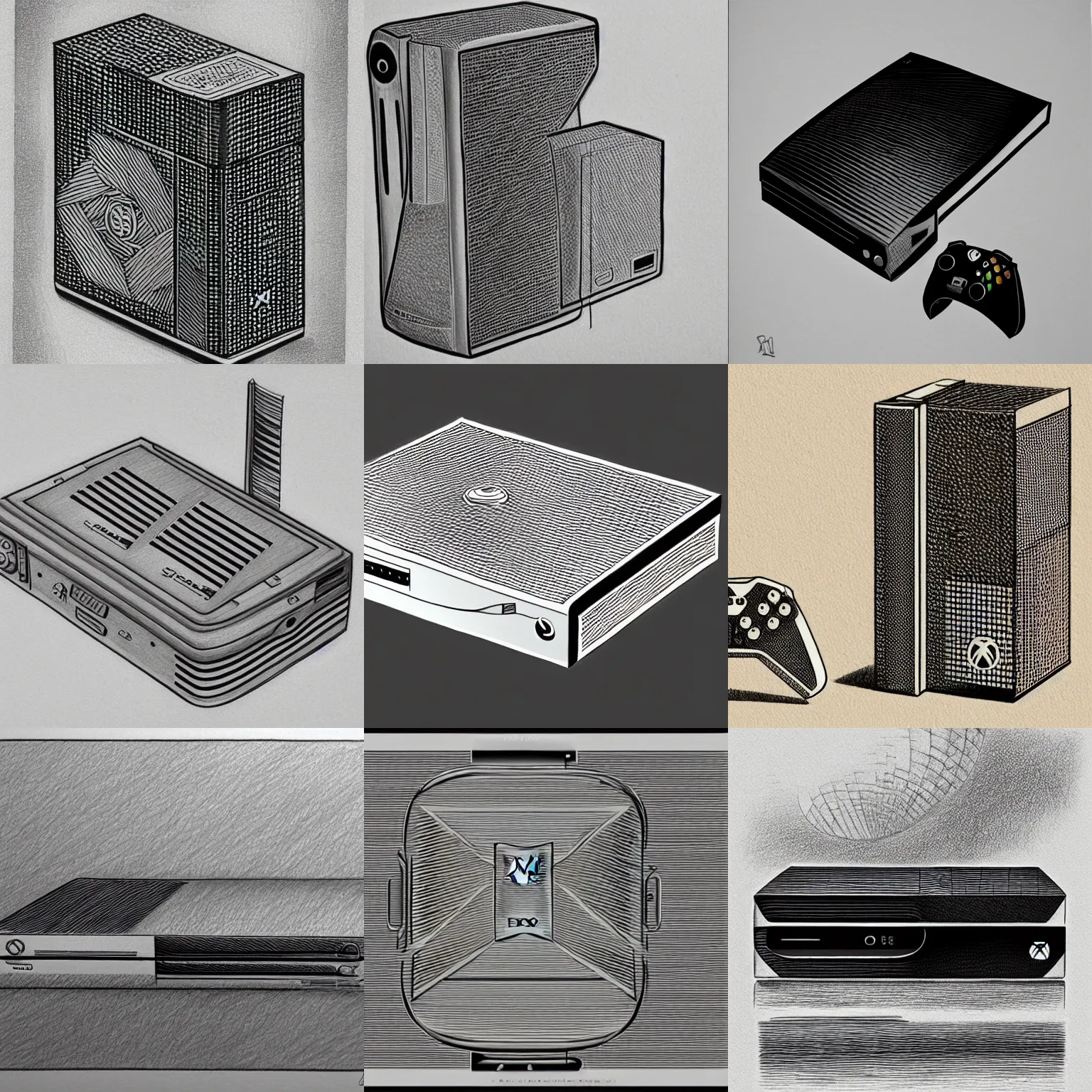 Image similar to a stylized detailed drawing of a first generation xbox, pencil style, wrong perspective 2d drawing by ochiai shohei