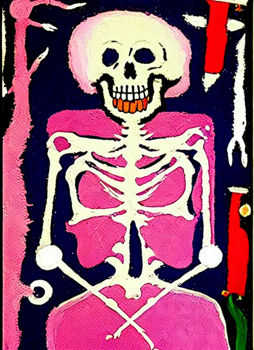 Image similar to pixel decollage painting tarot death card composition pink haired skeleton chef cook in a medieval crowded kitchen, painted by mark rothko, helen frankenthaler, danny fox and hilma af klint, pixelated, expressionism