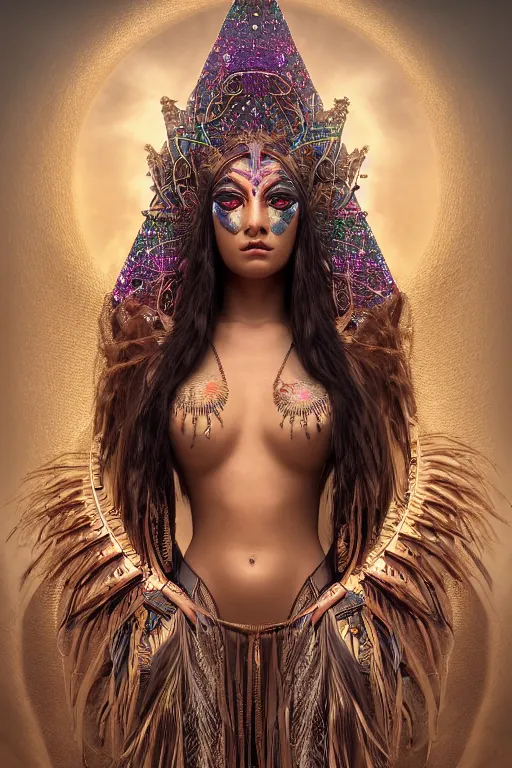 Image similar to a centered render of a single alluring mystical tribal goddess adorned with feathers and gemstones and cables and synthesizer parts is surrounded by sacred geometry made from elven architecture, full body, gorgeous, perfect face, powerful, cinematic, beautifully lit, by artgerm, by karol bak, 3 d, trending on artstation, octane render, 8 k