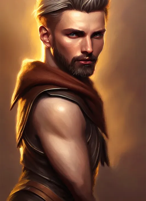 Image similar to a _ fantasy _ style _ portrait _ painting _ of wizard male, medium dark blonde pulled back side part and blonde stubble, brown eyes, rpg dnd oil _ painting _ unreal _ 5 _ daz. _ rpg _ portrait _ extremely _ detailed _ artgerm _ greg _ rutkowski _ greg