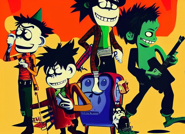 Prompt: gorillaz, official art by jamie hewlett, press shot, four characters in a line, gorillaz style