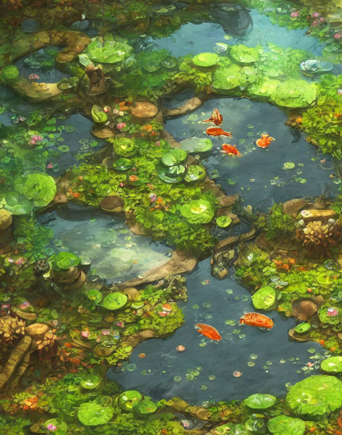 Image similar to frog on a lilypad in a koi fish pond in the forest, environment concept art, daytime ethereal anime, high detail Impressionist style, dreamy light color palette, style of studio ghibli and moebius, concept art stunning atmosphere, trending on artstation, volumetric light