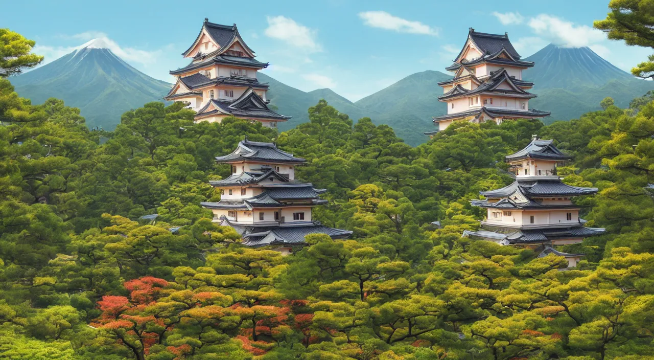 Image similar to a Japanese castle, with a garden as foreground, with mountains as background, trending on artstation