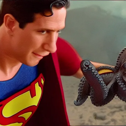 Prompt: movie still of an octopus as superman in superman