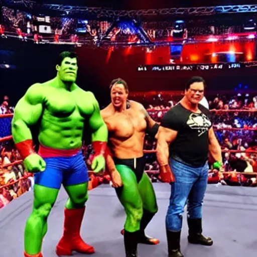 Prompt: supermen and hulk at WWE