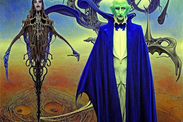 Image similar to realistic extremely detailed portrait painting of an elegantly creepy vampire man in a cape, futuristic sci-fi castle on background by Jean Delville, Amano, Yves Tanguy, Alphonse Mucha, Ernst Haeckel, Edward Robert Hughes, Roger Dean, rich moody colours, blue eyes