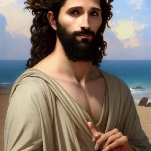 Image similar to an extremely detailed matte painting of a ridiculously good looking jesus that looks like a jewish gigachad with his 1 2 apostle entourage, long curly hair, elegant ancient greek dress, very detailed, windy beach, beautiful, intricate, cinematic, artstation, william bouguereau, alphonse mucha, greg rutkowski, rossdraws, octane render