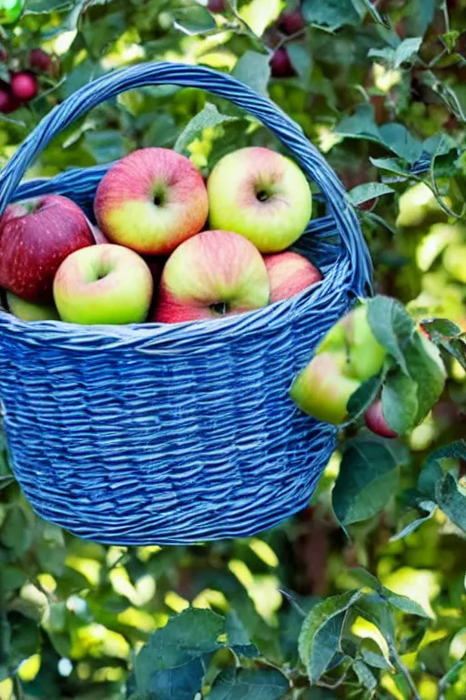 Prompt: a basket full of apples that are blue