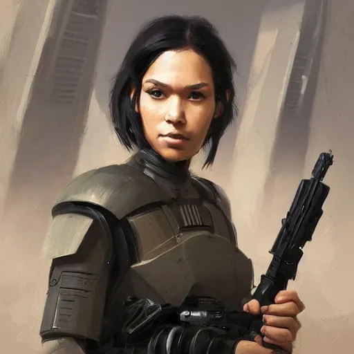 Image similar to portrait of a woman by greg rutkowski, marla fett, samoan features, straight black hair, tall and slender, star wars expanded universe, she is about 2 0 years old, wearing tactical gear, digital painting, artstation, concept art, smooth, sharp foccus ilustration, artstation hq