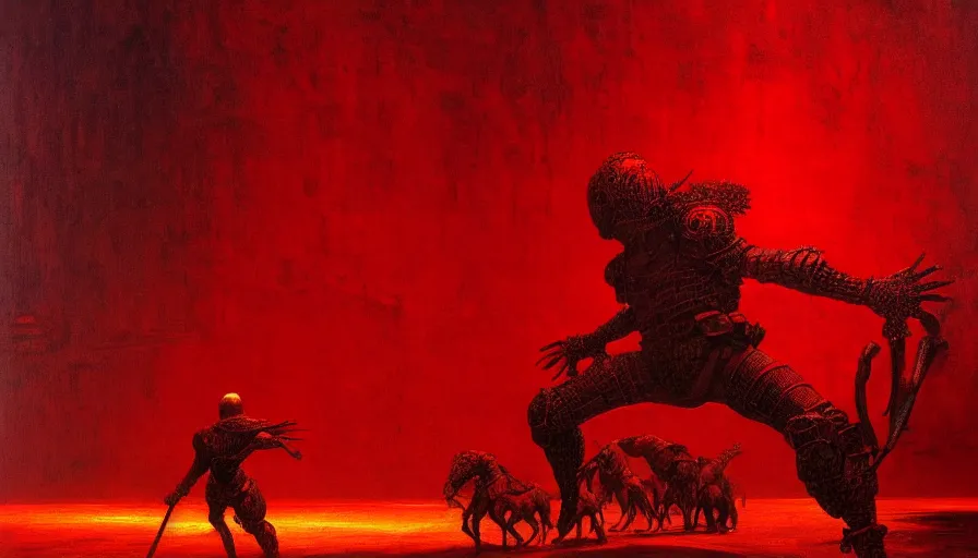 Image similar to only with red, a lightly armored gladiator in a crowded roman amphitheatre, crowd cheering, in the style of beksinski and edward hopper and rodcenko and yue minjun and cory loftis, intricate and epic composition, red by caravaggio, highly detailed, masterpiece, red light, artstation, art nouveau