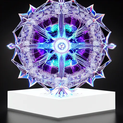 Image similar to glorious glowing ice opal mandala sculpture of the queen of geometry, by karol bak and filip hodas, chrome lasers, 1. 4 symmetrical, smooth polished ice opal gemstone mandala, natural volumetric lighting, realistic 4 k octane beautifully detailed render, 4 k ultra hd, no blurry painting white blur bokeh brushstrokes chess