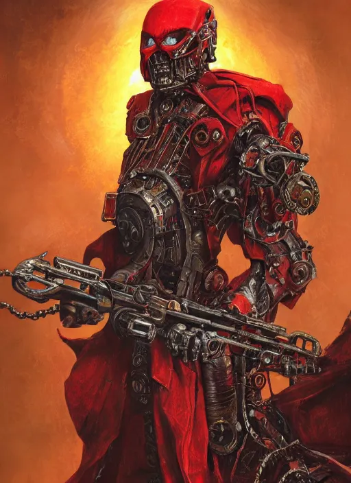 Image similar to portrait of rotten Nicolas Cage as adeptus mechanicus in red hood and robe from Warhammer 40000. Highly detailed, artstation, illustration by and John Blanche and zdislav beksinski and wayne barlowe