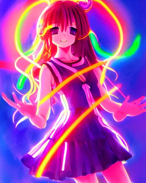 Image similar to anime style, vivid, expressive, full body, 4 k, painting, a cute magical girl idol with a long wavy colorful hair wearing a colorful dress, correct proportions, stunning, realistic light and shadow effects, neon lights, studio ghibly makoto shinkai yuji yamaguchi