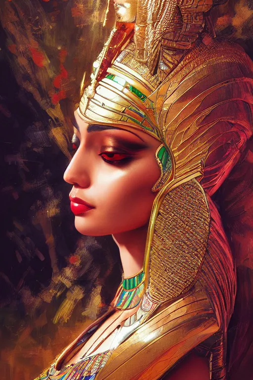 Image similar to Saba Mubarak as egyptian princess, gorgeous, portrait, powerful, intricate, beautiful, masterpiece, elegant, volumetric lighting, digital painting, highly detailed, artstation, sharp focus, illustration, Hajime sorayama, ruan jia