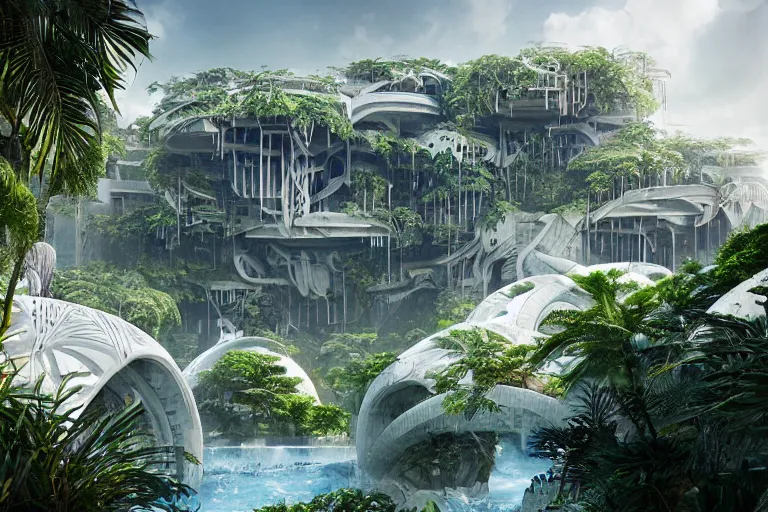 Image similar to brutalist futuristic white Aztec structures, manicured garden of eden, pools and streams, tropical foliage, birds, sculpture gardens, Spring, by Jessica Rossier and Brian Froud