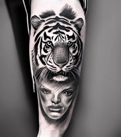 Image similar to tattoo design of a beautiful girl warrior under a tiger head, hyper realistic, realism tattoo, by eliot kohek, beautiful eyes, realistic face, black and white, white background