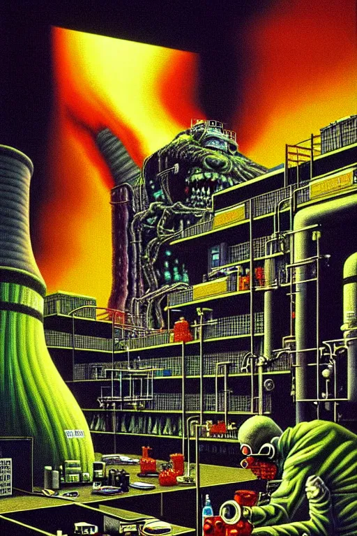 Prompt: a hyperrealistic detailed painting of a code red emergency at the nuclear power plant, radioactive meltdown radiation monster eating the laboratory by chris cunningham and richard corben, highly detailed, vivid color,