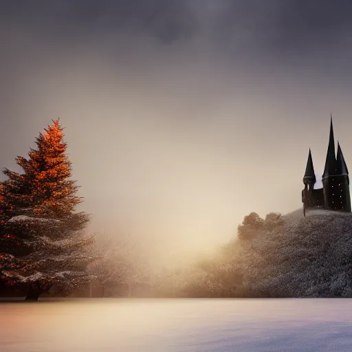 Image similar to digital art of hogwarts, winter, fog, christmas morning, 8 k, dramatic light, shadow, smooth