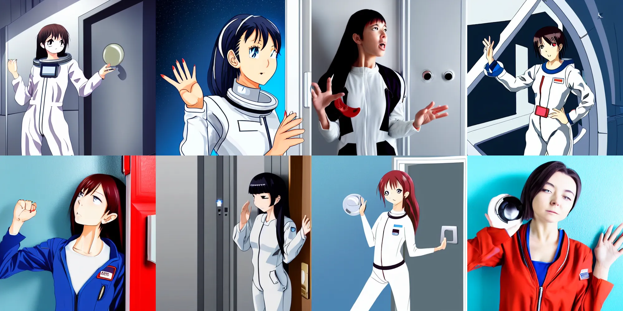 Prompt: digital anime, young woman in space jumpsuit holding on to a doorknob, leaving a room, annoyed expression, white wall complex