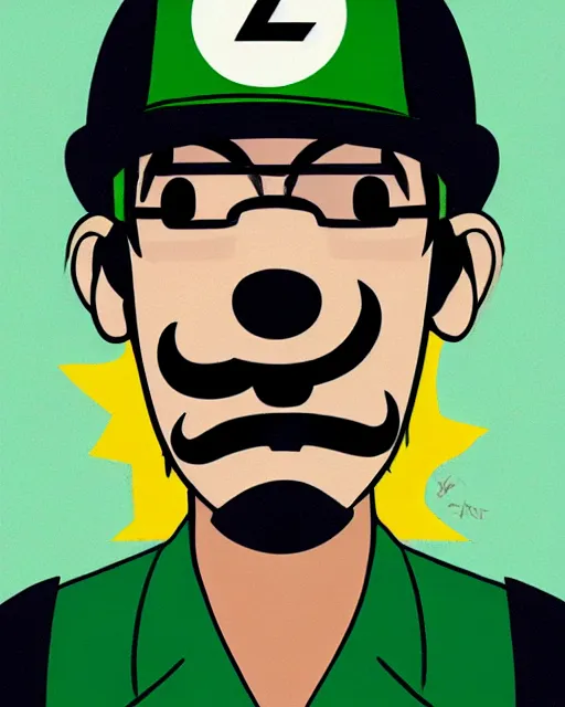Prompt: a portrait of Luigi (nintendo) as a member of Gorillaz, full color illustration by Jamie Hewlett, flat shading, moustache, character design, concept art, 4k, promotional image