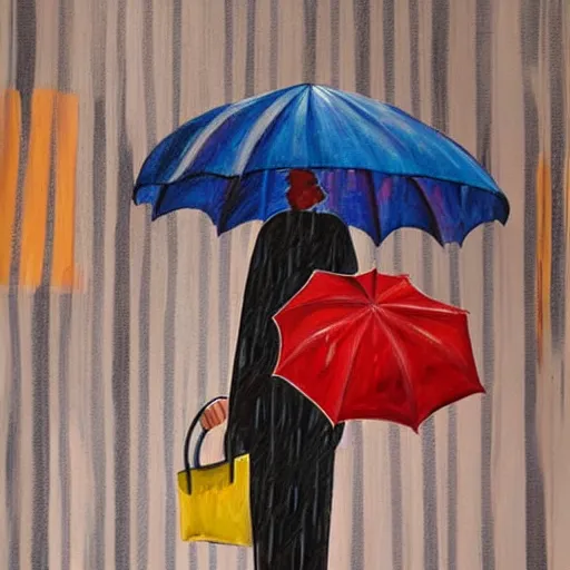 Prompt: detailed painting of paperbag head person standing at a bus stop, comic style, holding a red umbrella, glossy from rain, rain details, street filled with water, muted fall color palette,