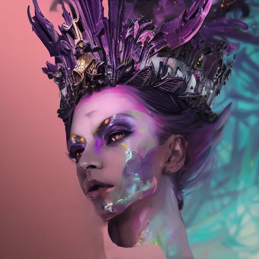 Image similar to female angel queen head wearing shiny pink crown, subtle purple accents, hyper details, black metal rococo, sculpted by Alex Alice, Craig Mullins, yoji shinkawa, trending on artstation, beautifully lit, Peter mohrbacher, hyper detailed, elite, elegant, luxury, ray of light through smoke, CGsociety, hypermaximalist, golden ratio, neofuture, volumetric, octane render, weta digital, micro details, 3d sculpture