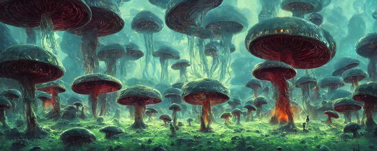 Image similar to ” partly eaten alien mushrooms, [ by paul lehr, cinematic, detailed, epic, widescreen, opening, establishing, mattepainting, photorealistic, realistic textures, octane render ] ”