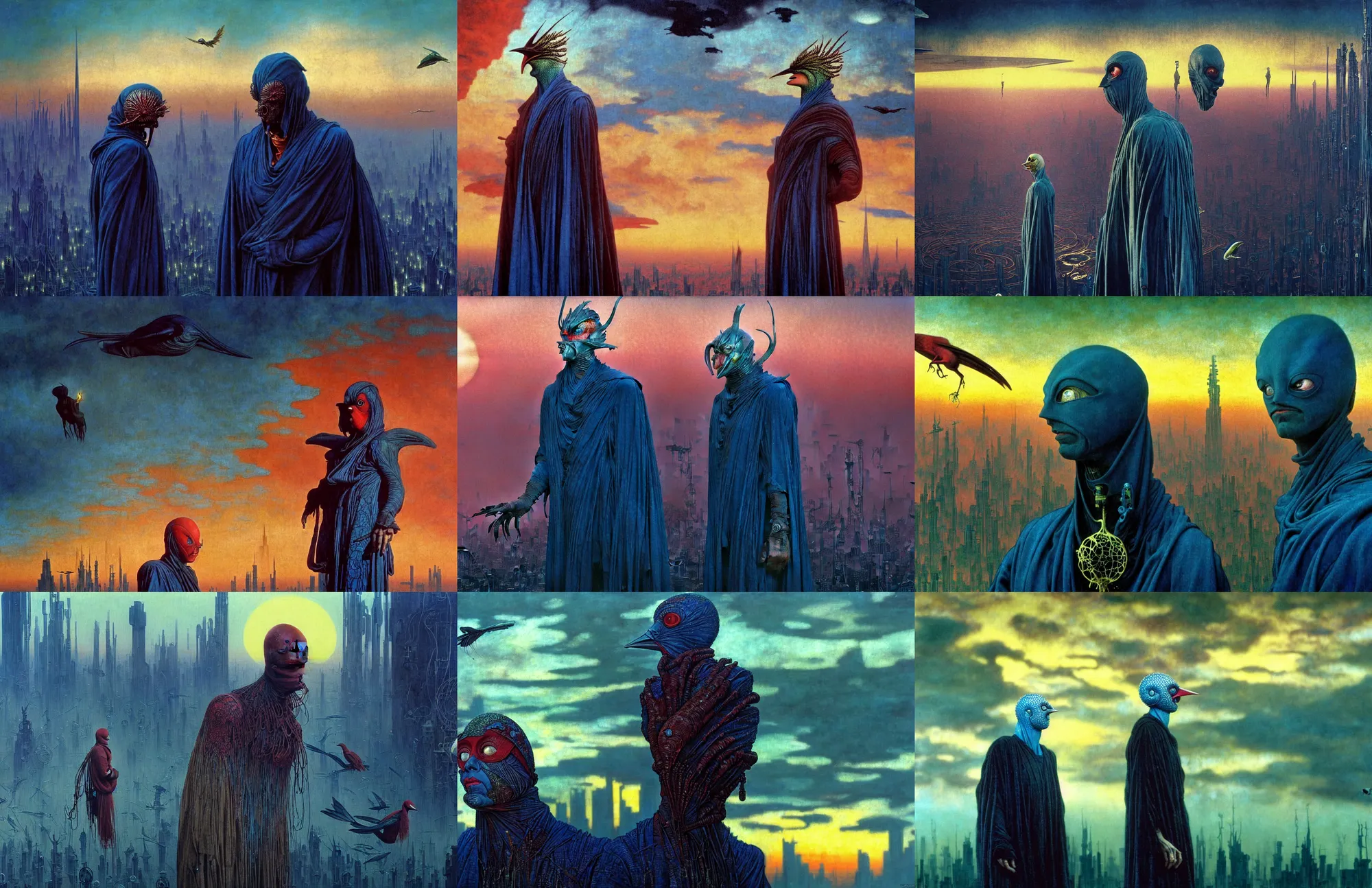 Prompt: realistic detailed portrait movie shot of a birdman wearing dark ragged robes, futuristic city sunset landscape background by denis villeneuve, amano, yves tanguy, alphonse mucha, ernst haeckel, max ernst, roger dean, ridley scott, dynamic closeup composition, rich moody colours, blue eyes