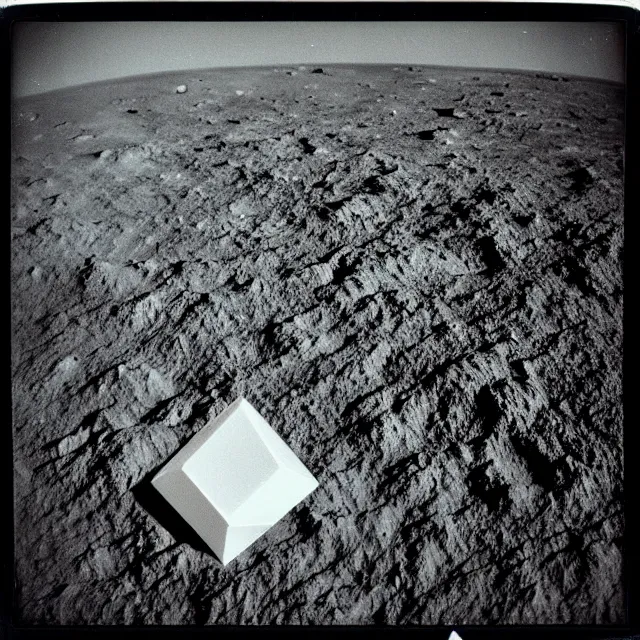 Image similar to huge, moon sized black and white cubes floating in the atmosphere. old polaroid image from the surface of the earth looking up