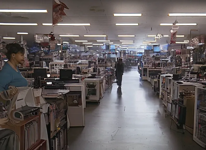 Image similar to cinematic wide shot of backlit windows of a narrow used electronics store, octavia spencer wanders the messy aisles, keyboards, iconic scene from the paranoid thriller sci fi film directed by pt anderson, anamorphic cinematography, beautiful composition, color theory, leading lines, photorealistic, volumetric lighting