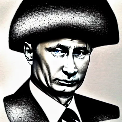 Image similar to vladimir putin with a nuclear mushroom cloud hat, cartoonish, ultra detailed pencil drawing