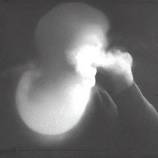 Prompt: photograph of a ectoplasm coming out of a medium's mouth sepia realistic 3 5 mm cinematic