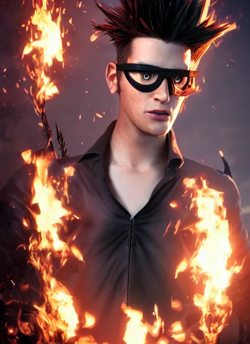 Image similar to An epic fantasy comic book style portrait painting of young man with long red spiked hair. Wearing a black waistcoat, white shirt, using googles. Blasting fire on his hands. Unreal 5, DAZ, hyperrealistic, octane render, cosplay, RPG portrait, dynamic lighting