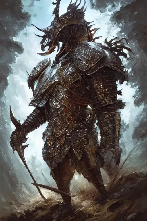 Image similar to Huge fishheaded warrior in armor, portrait, woodlands, magic the gathering artwork, D&D, fantasy, cinematic lighting, centered, symmetrical, highly detailed, digital painting, artstation, concept art, smooth, sharp focus, illustration, volumetric lighting, epic Composition, 8k, art by Akihiko Yoshida and Greg Rutkowski and Craig Mullins, oil painting, cgsociety