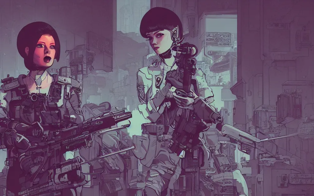 Image similar to very detailed, prophet graphic novel, ilya kuvshinov, mcbess, rutkowski, simon roy, illustration of a cyberpunk military woman, colorful, cinematic composition, studio lighting