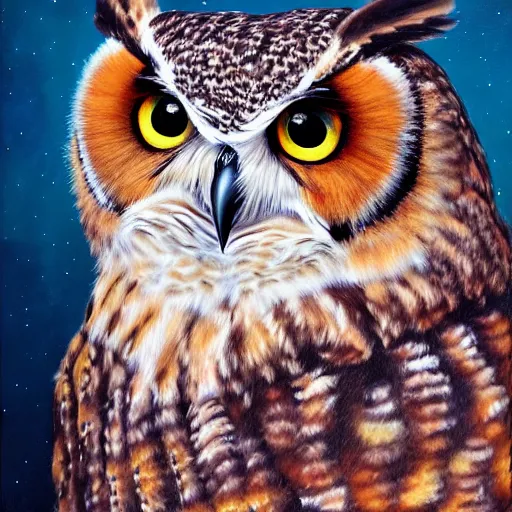 Image similar to fluffy colorful baby great horned owl detailed luminescent airbrushed oil painting painting 4 k