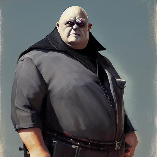 Image similar to greg manchess portrait painting of partially armored uncle fester from addams family as overwatch character, medium shot, asymmetrical, profile picture, organic painting, sunny day, matte painting, bold shapes, hard edges, street art, trending on artstation, by huang guangjian and gil elvgren and brom