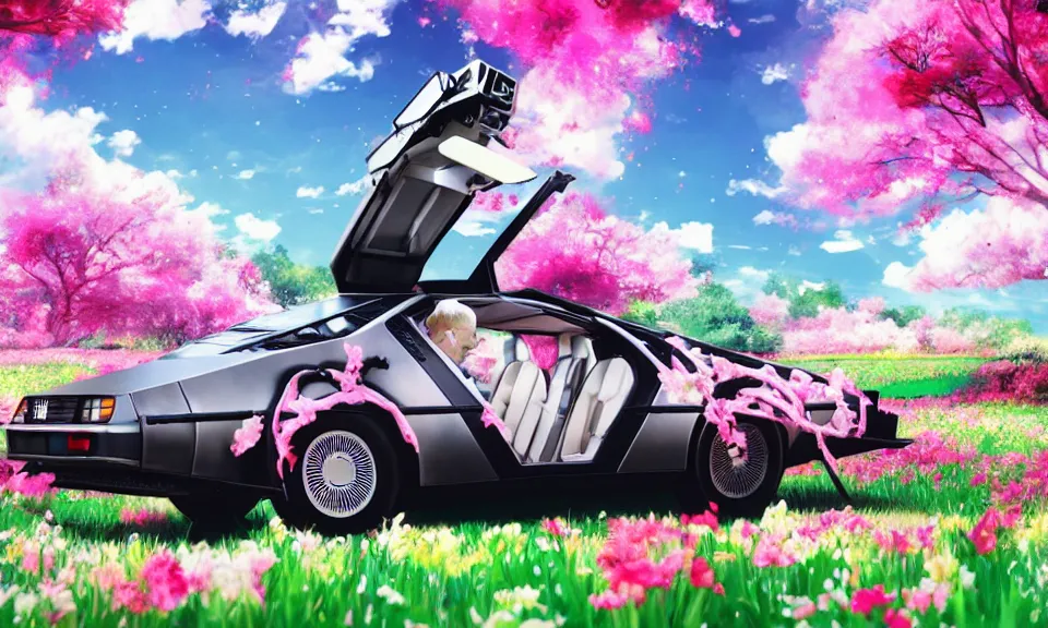 Image similar to a delorean standing in a flower field, anime style