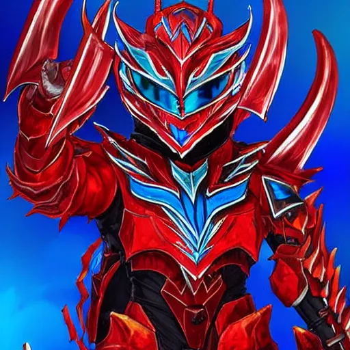 Image similar to High Fantasy Dragon Kamen Rider, blue armor with red secondary color, 4k, glowing eyes in helmet, daytime, chainmail, rubber suit,