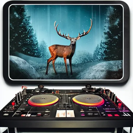 Image similar to “a crowded chukcha rave detailed photo with a deer playing tracks on the turntables in tundra, matte painting”